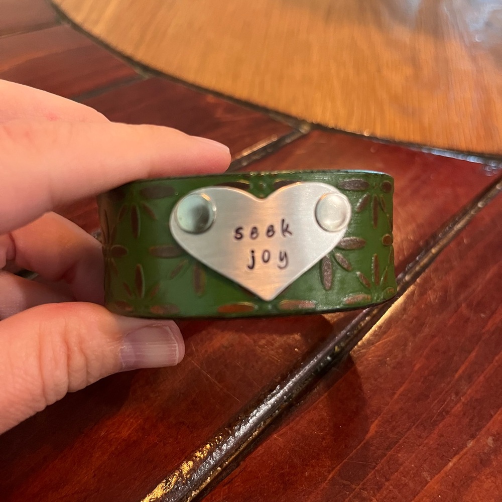 Green Leather Bracelet with Heart Plate